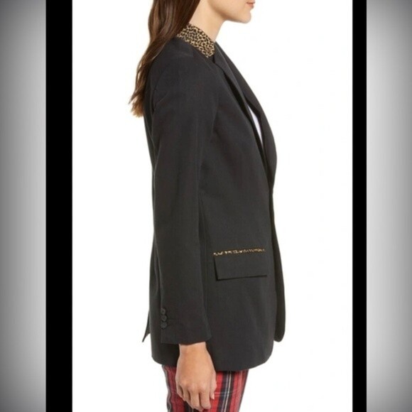 Current/Elliott Black The Calla Cotton-Wool Blazer w/ Leopard Print Trim Sz 0 - Picture 4 of 8